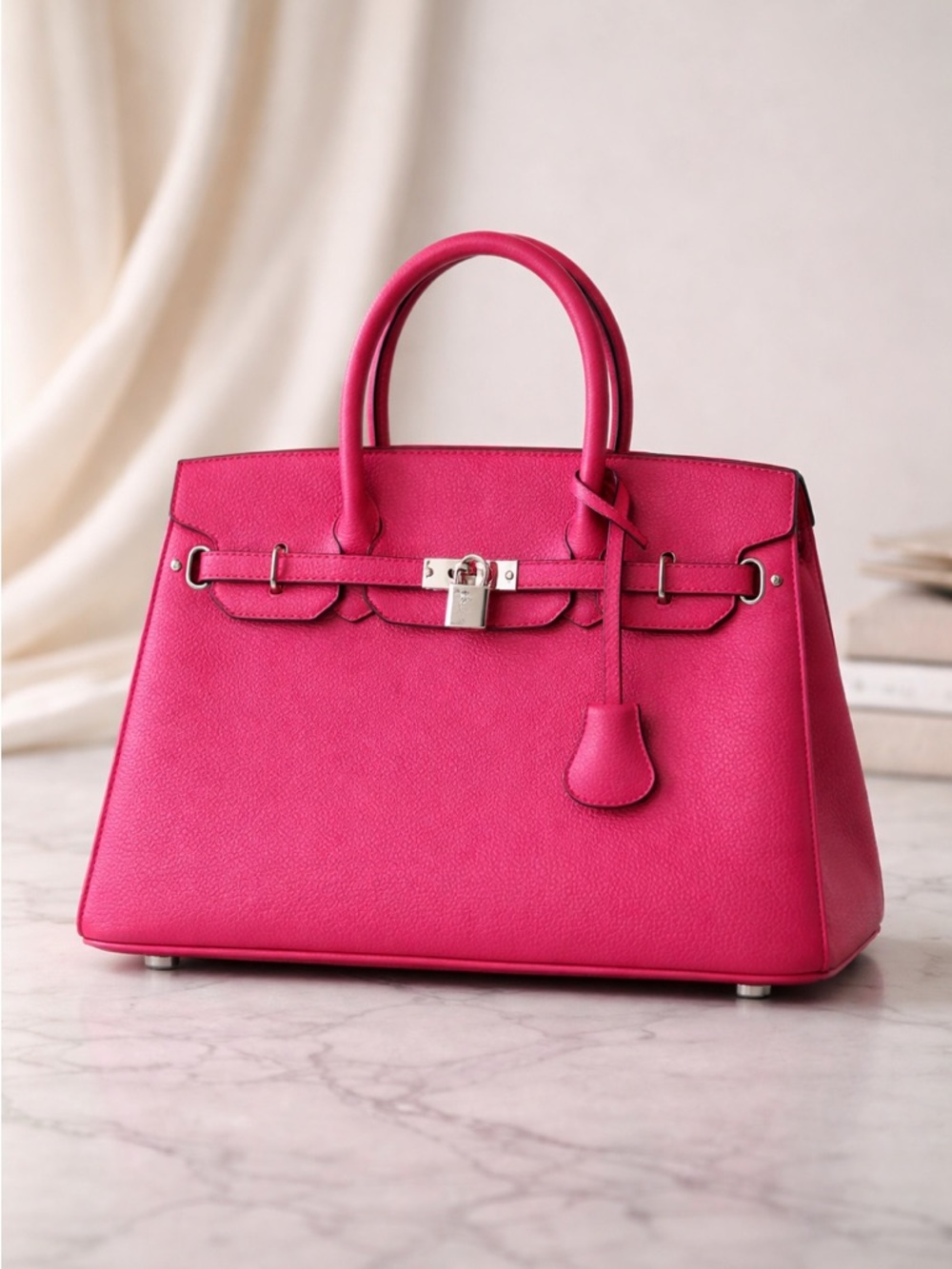 Fuchsia Structured Top-Handle Satchel with Gold Lock Accent